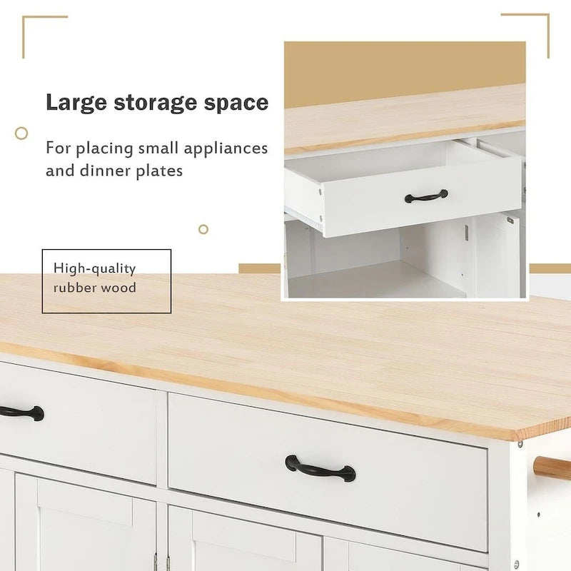 Chariot de cuisine de 54,3 W avec comptoir en bois massif, meuble à 4 portes et 2 tiroirs