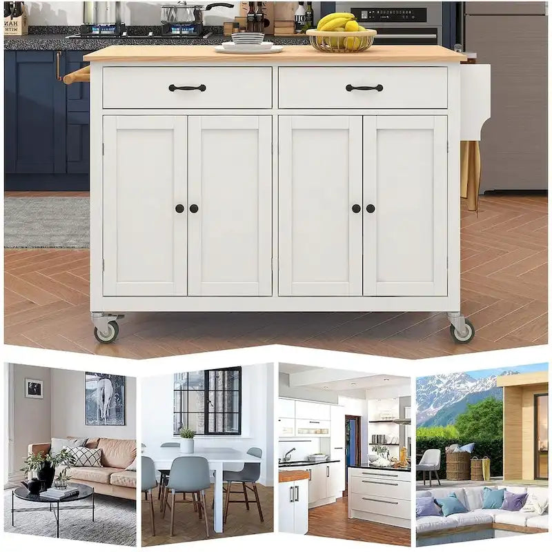 Chariot de cuisine de 54,3 W avec comptoir en bois massif, meuble à 4 portes et 2 tiroirs