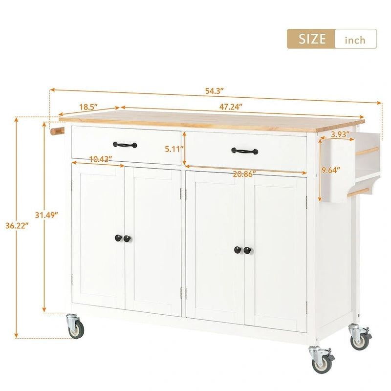 Chariot de cuisine de 54,3 W avec comptoir en bois massif, meuble à 4 portes et 2 tiroirs