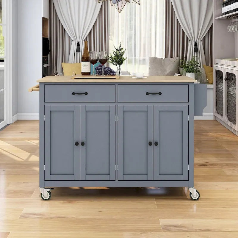 Chariot de cuisine de 54,3 W avec comptoir en bois massif, meuble à 4 portes et 2 tiroirs
