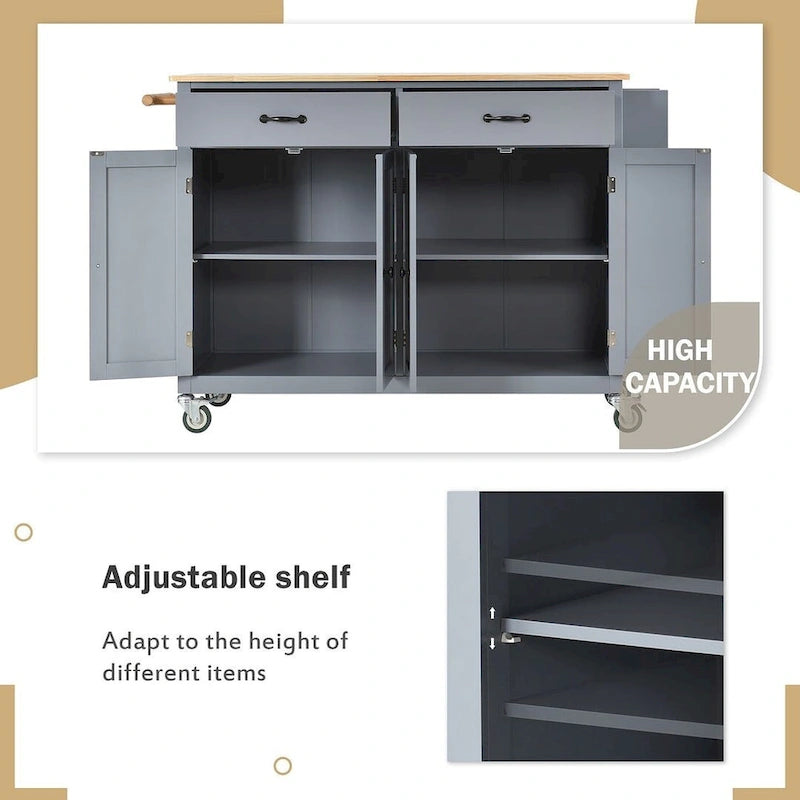 Chariot de cuisine de 54,3 W avec comptoir en bois massif, meuble à 4 portes et 2 tiroirs