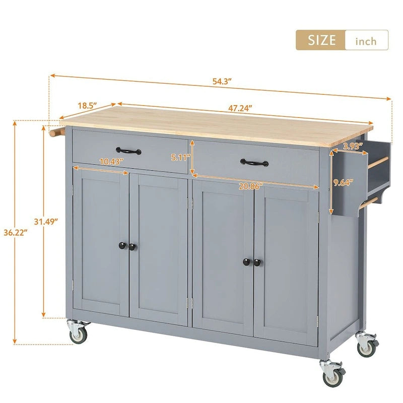 Chariot de cuisine de 54,3 W avec comptoir en bois massif, meuble à 4 portes et 2 tiroirs