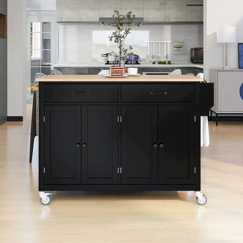 Chariot de cuisine de 54,3 W avec comptoir en bois massif, meuble à 4 portes et 2 tiroirs