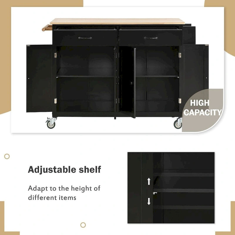 Chariot de cuisine de 54,3 W avec comptoir en bois massif, meuble à 4 portes et 2 tiroirs