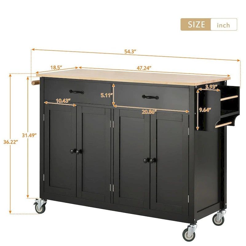 Chariot de cuisine de 54,3 W avec comptoir en bois massif, meuble à 4 portes et 2 tiroirs