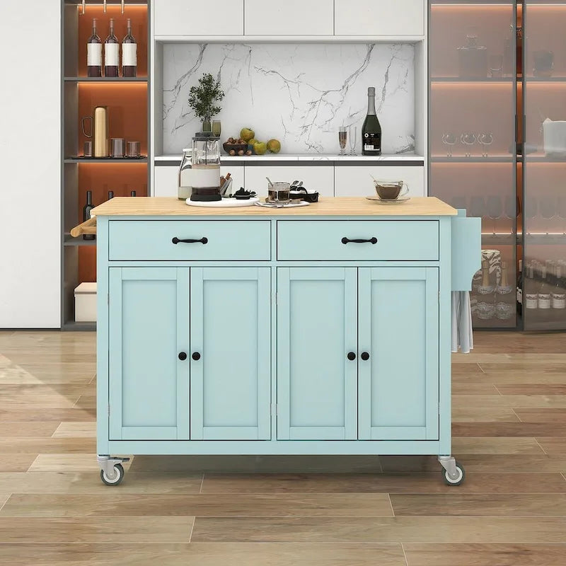 Chariot de cuisine de 54,3 W avec comptoir en bois massif, meuble à 4 portes et 2 tiroirs