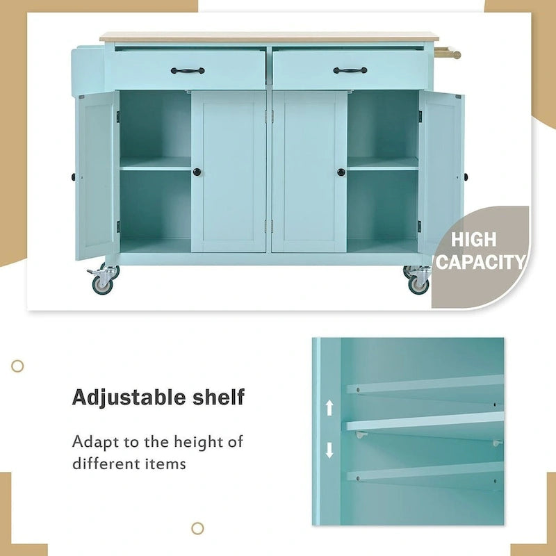Chariot de cuisine de 54,3 W avec comptoir en bois massif, meuble à 4 portes et 2 tiroirs