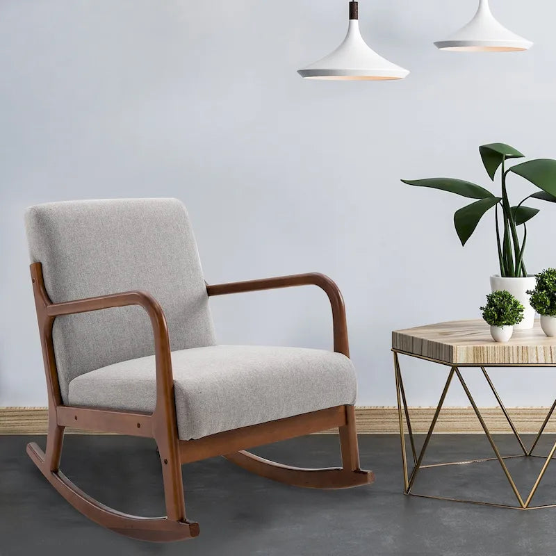 Fauteuil à bascule avec piètement en bois courbé, bascule en tissu avec assise rembourrée, meubles de maison pour chambre à coucher et salon, détente