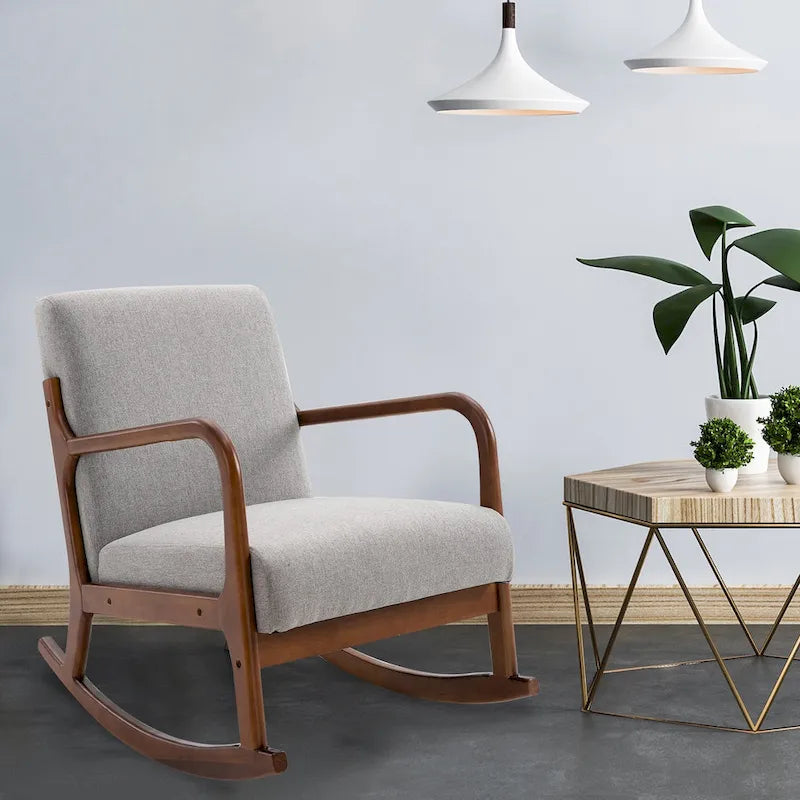 Fauteuil à bascule avec piètement en bois courbé, bascule en tissu avec assise rembourrée, meubles de maison pour chambre à coucher et salon, détente