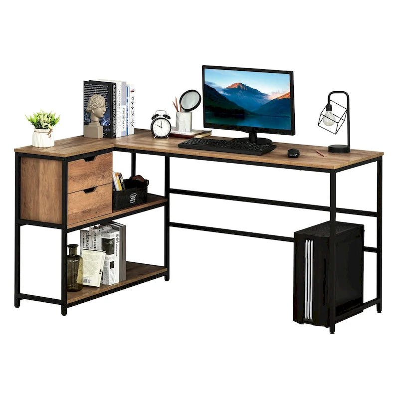 Bureau d'angle en L avec étagère de rangement et tiroir, marron