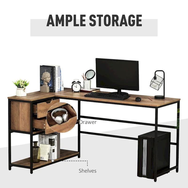 Bureau d'angle en L avec étagère de rangement et tiroir, marron