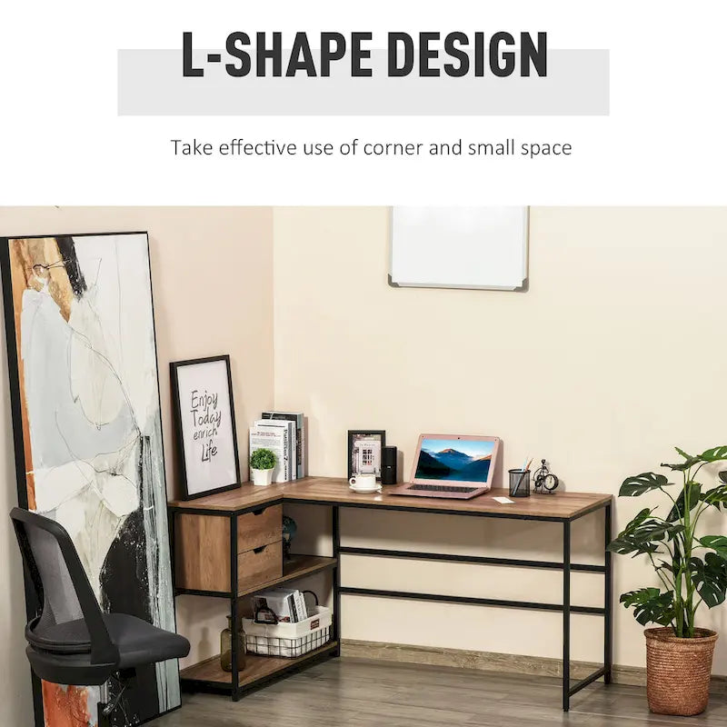 Bureau d'angle en L avec étagère de rangement et tiroir, marron