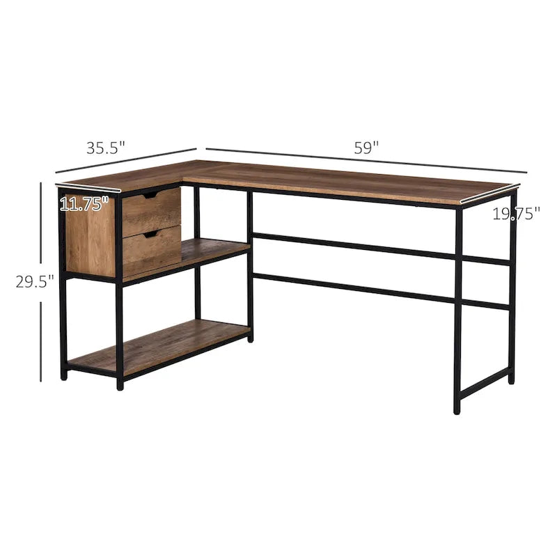 Bureau d'angle en L avec étagère de rangement et tiroir, marron