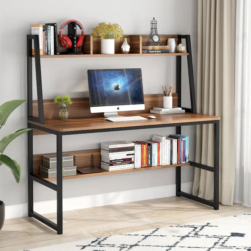 Bureau informatique moderne de 47 pouces avec étagère supérieure et bibliothèque