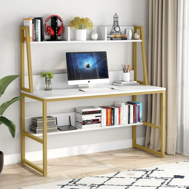 Bureau informatique moderne de 47 pouces avec étagère supérieure et bibliothèque