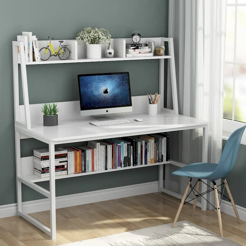 Bureau informatique moderne de 47 pouces avec étagère supérieure et bibliothèque