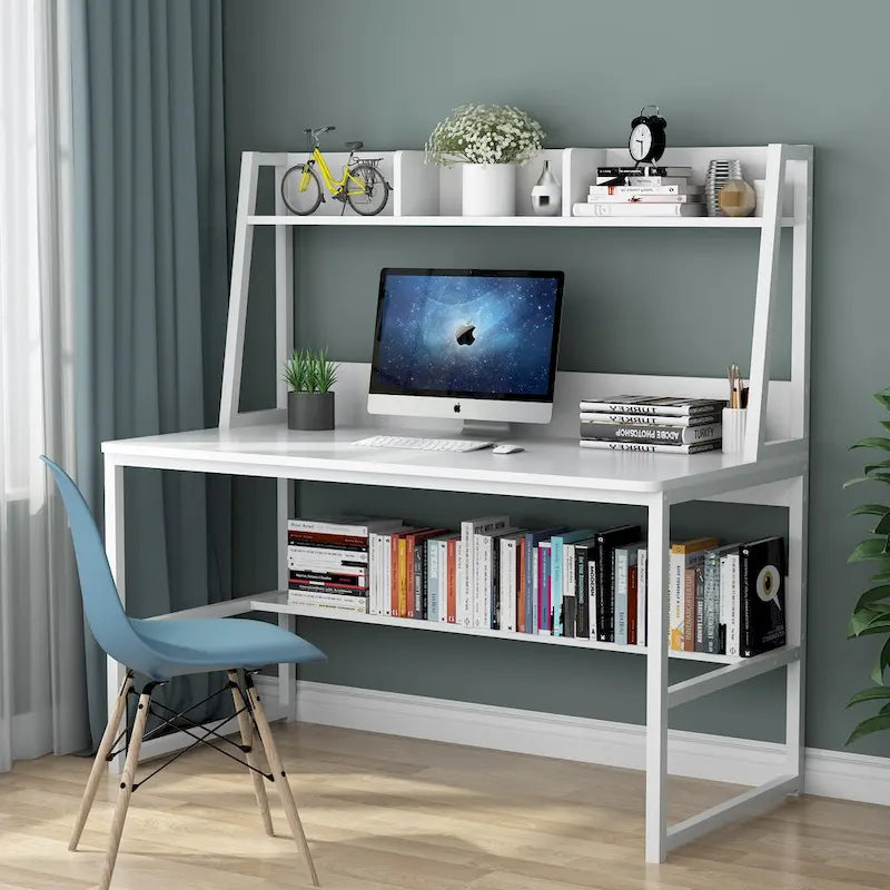 Bureau informatique moderne de 47 pouces avec étagère supérieure et bibliothèque