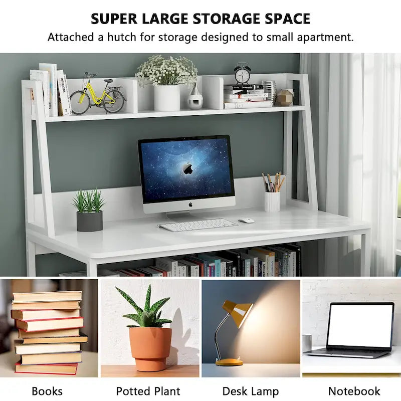 Bureau informatique moderne de 47 pouces avec étagère supérieure et bibliothèque