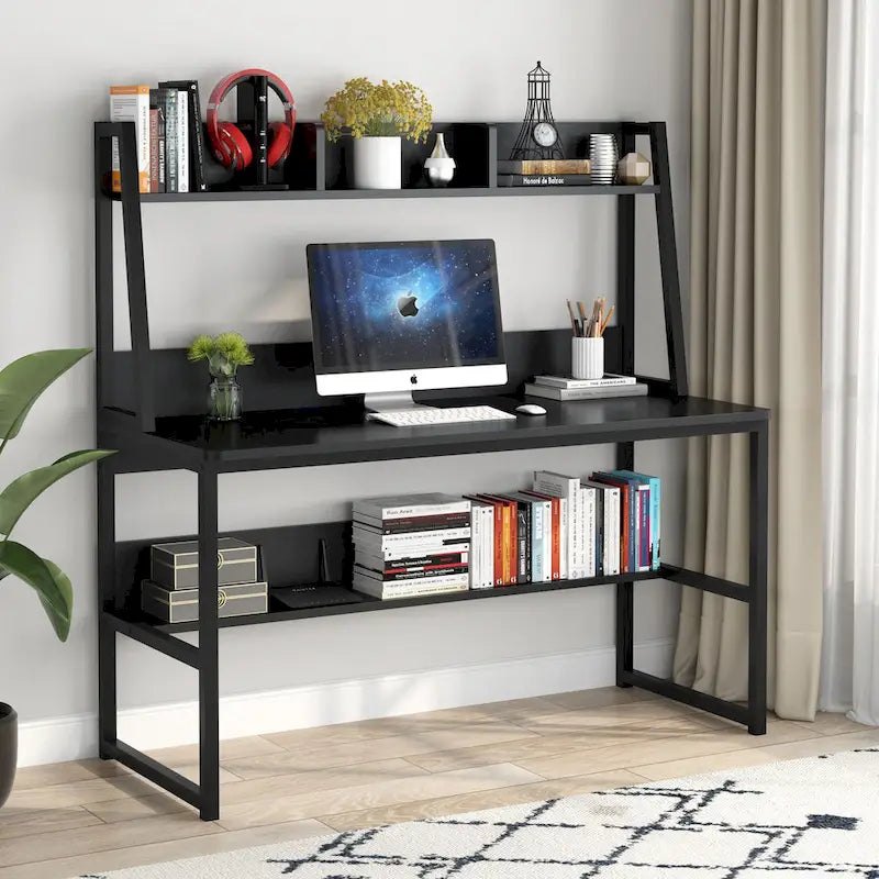 Bureau informatique moderne de 47 pouces avec étagère supérieure et bibliothèque