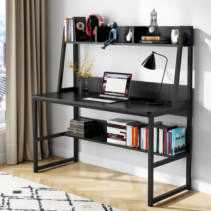 Bureau informatique moderne de 47 pouces avec étagère supérieure et bibliothèque