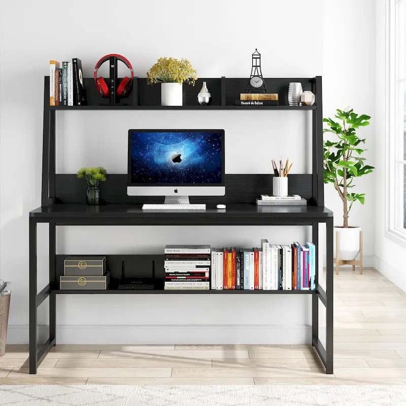 Bureau informatique moderne de 47 pouces avec étagère supérieure et bibliothèque