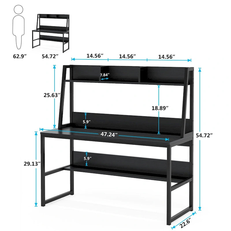Bureau informatique moderne de 47 pouces avec étagère supérieure et bibliothèque