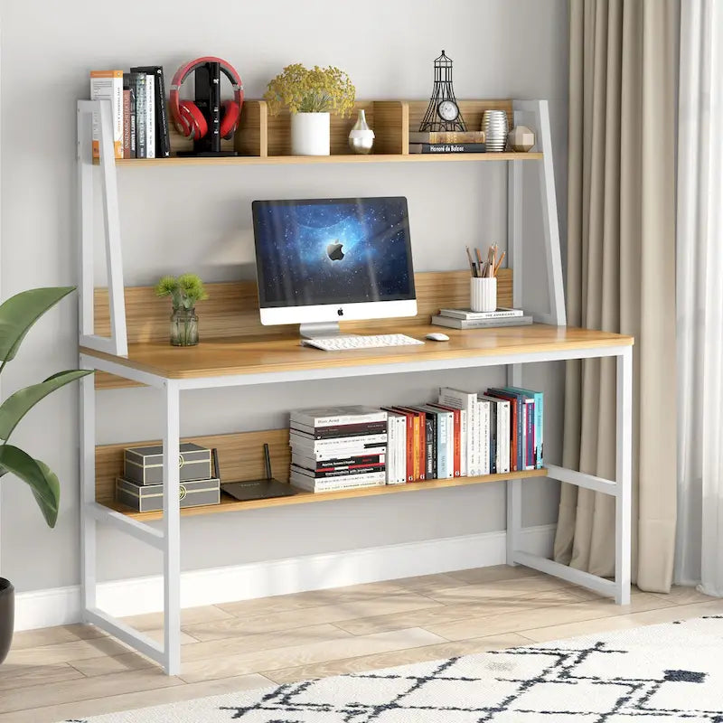 Bureau informatique moderne de 47 pouces avec étagère supérieure et bibliothèque