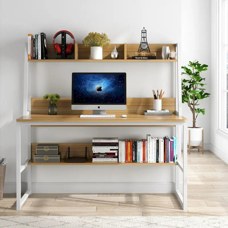 Bureau informatique moderne de 47 pouces avec étagère supérieure et bibliothèque