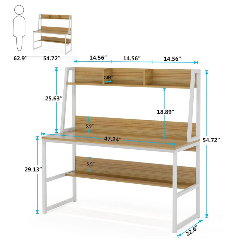 Bureau informatique moderne de 47 pouces avec étagère supérieure et bibliothèque