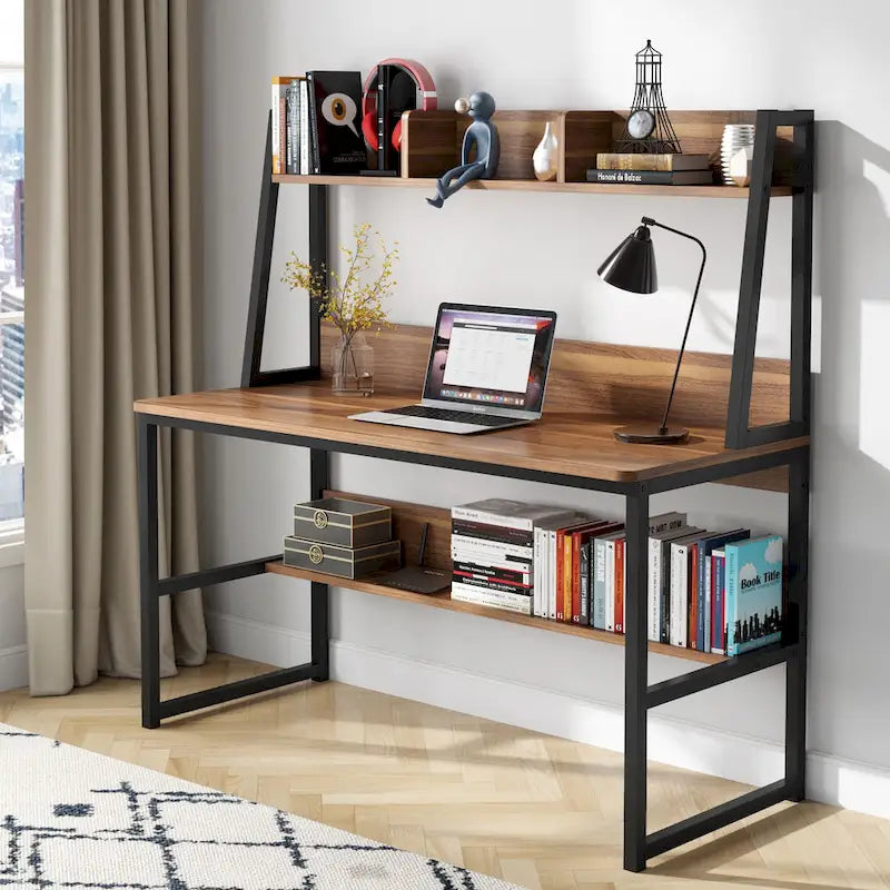 Bureau informatique moderne de 47 pouces avec étagère supérieure et bibliothèque