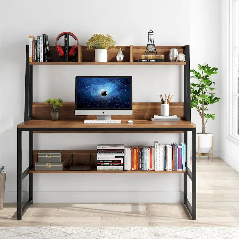 Bureau informatique moderne de 47 pouces avec étagère supérieure et bibliothèque
