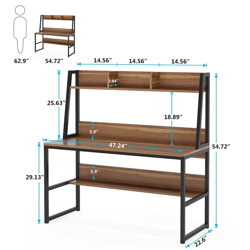 Bureau informatique moderne de 47 pouces avec étagère supérieure et bibliothèque