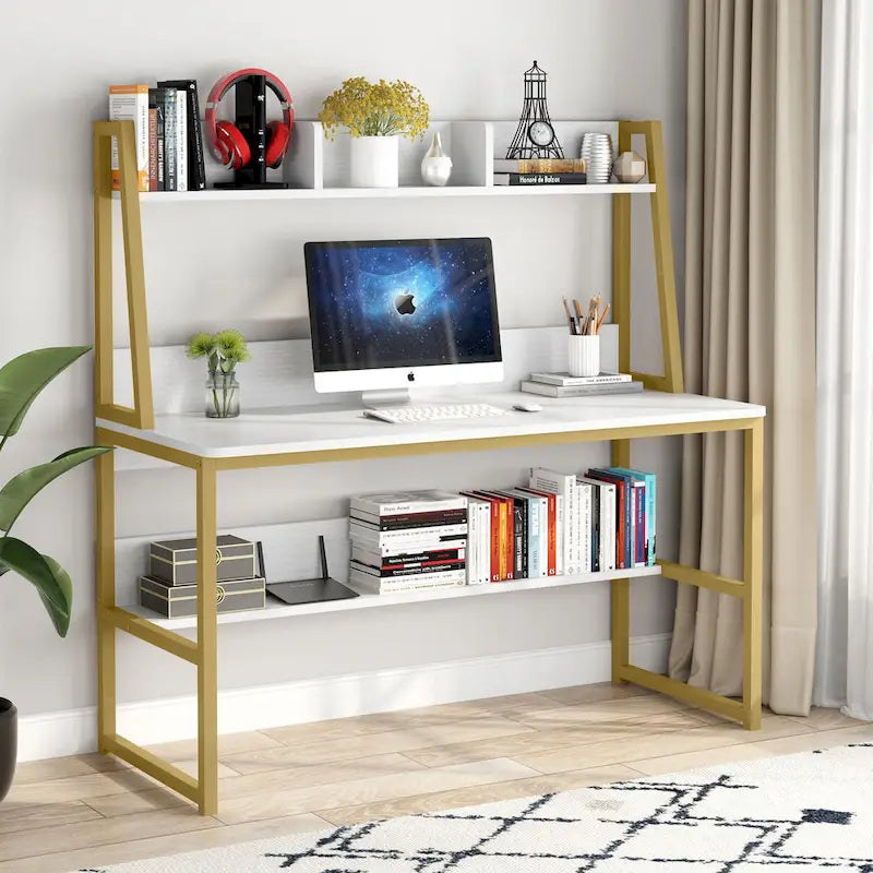 Bureau informatique moderne de 47 pouces avec étagère supérieure et bibliothèque