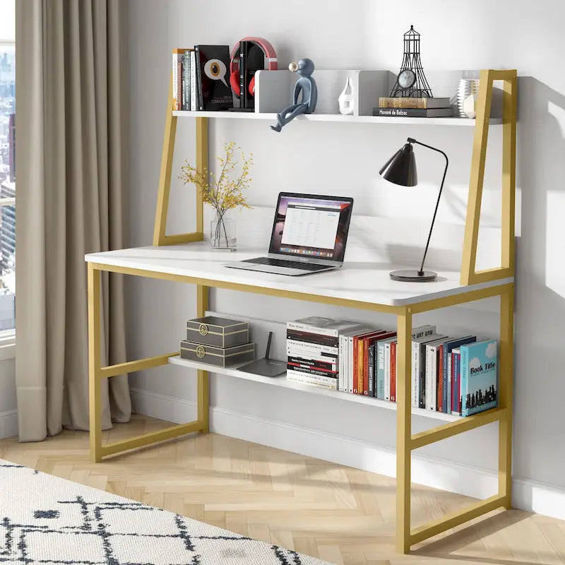 Bureau informatique moderne de 47 pouces avec étagère supérieure et bibliothèque