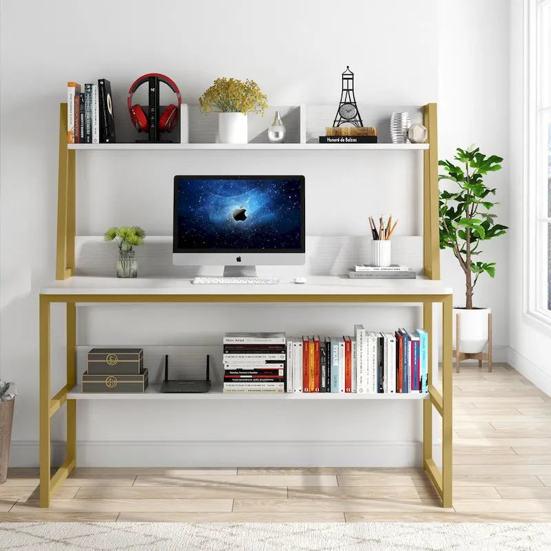 Bureau informatique moderne de 47 pouces avec étagère supérieure et bibliothèque