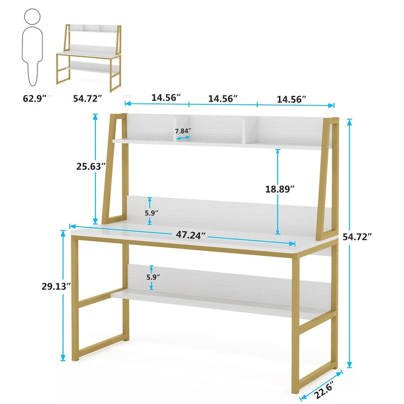 Bureau informatique moderne de 47 pouces avec étagère supérieure et bibliothèque