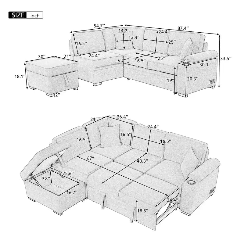 Canapé-lit 87,4, canapé-lit escamotable 2 en 1 en forme de L avec pouf de rangement pour salon, chambre à coucher et petits appartements