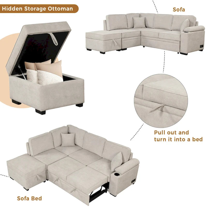 Canapé-lit 87,4, canapé-lit escamotable 2 en 1 en forme de L avec pouf de rangement pour salon, chambre à coucher et petits appartements