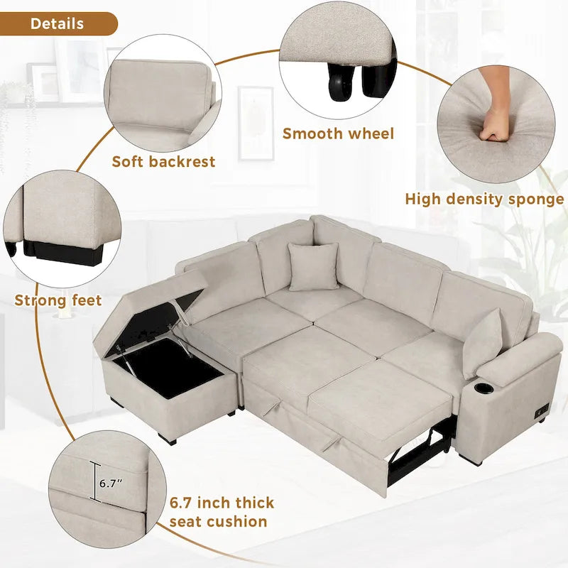 Canapé-lit 87,4, canapé-lit escamotable 2 en 1 en forme de L avec pouf de rangement pour salon, chambre à coucher et petits appartements