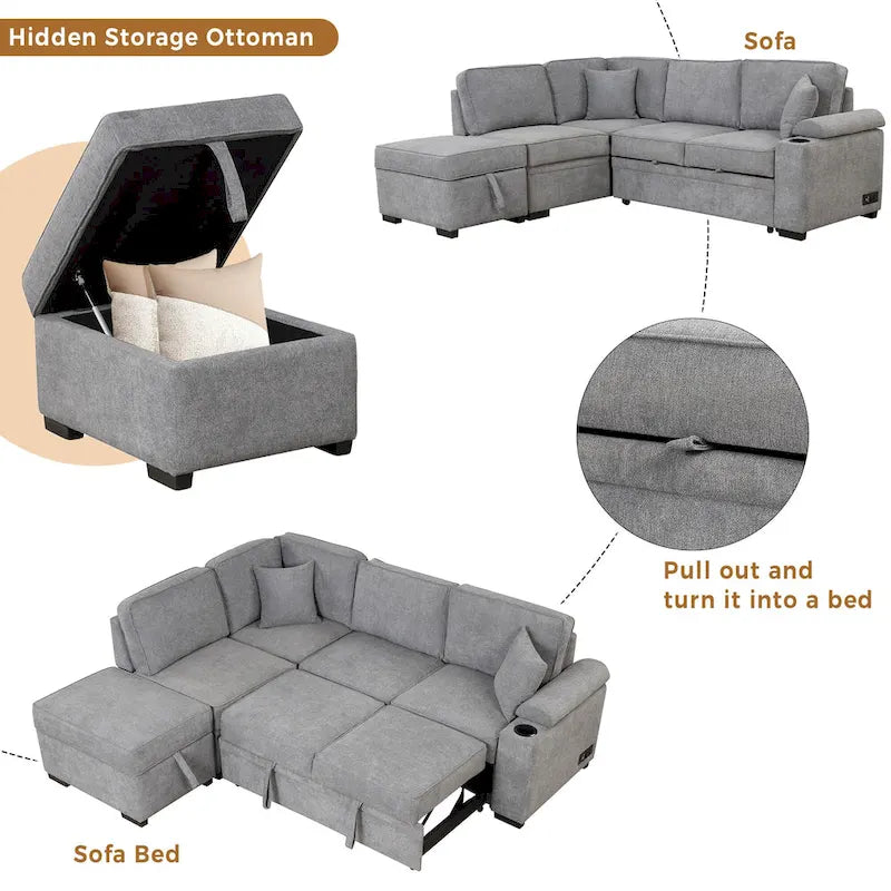 Canapé-lit 87,4, canapé-lit escamotable 2 en 1 en forme de L avec pouf de rangement pour salon, chambre à coucher et petits appartements