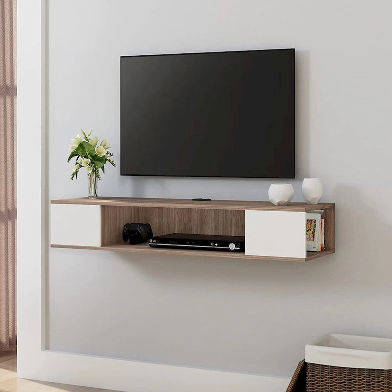 Meuble TV flottant mural, meuble de divertissement mural, console média, étagère murale en bois pour TV, gris et blanc crème