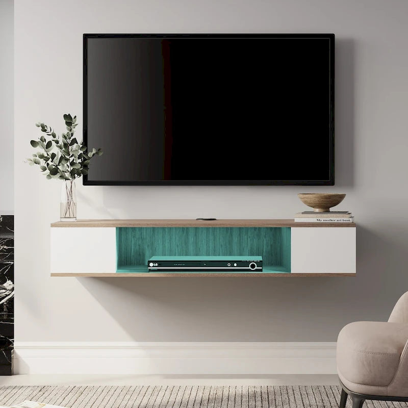 Meuble TV flottant mural, meuble de divertissement mural, console média, étagère murale en bois pour TV, gris et blanc crème