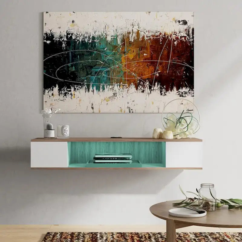 Meuble TV flottant mural, meuble de divertissement mural, console média, étagère murale en bois pour TV, gris et blanc crème