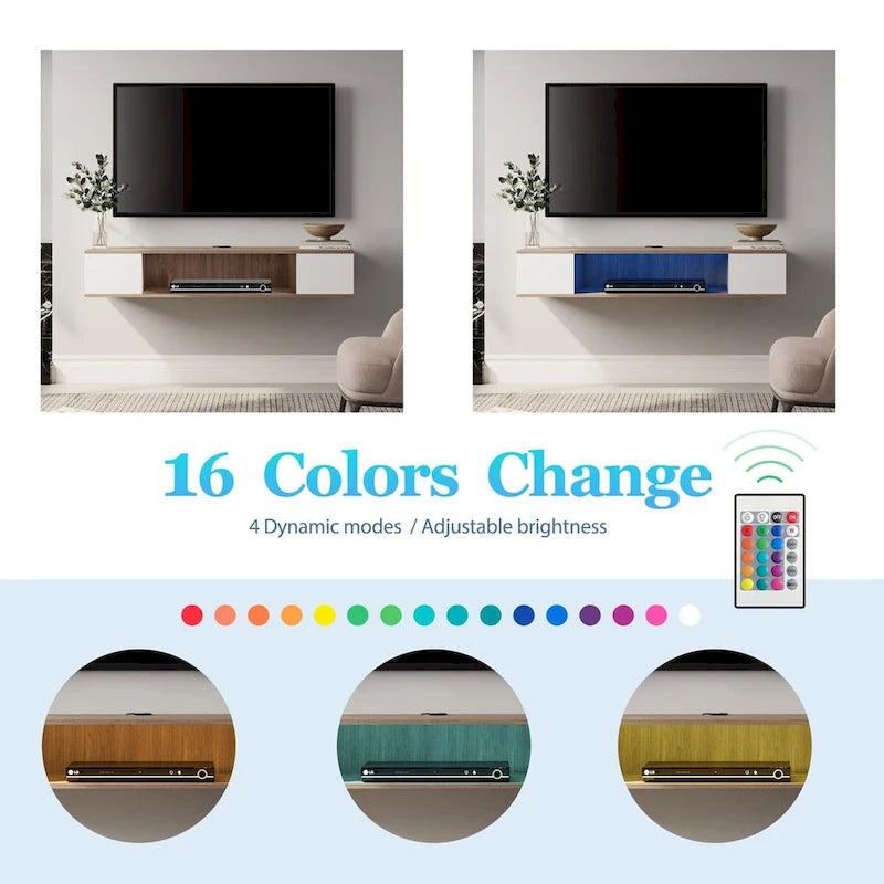 Meuble TV flottant mural, meuble de divertissement mural, console média, étagère murale en bois pour TV, gris et blanc crème