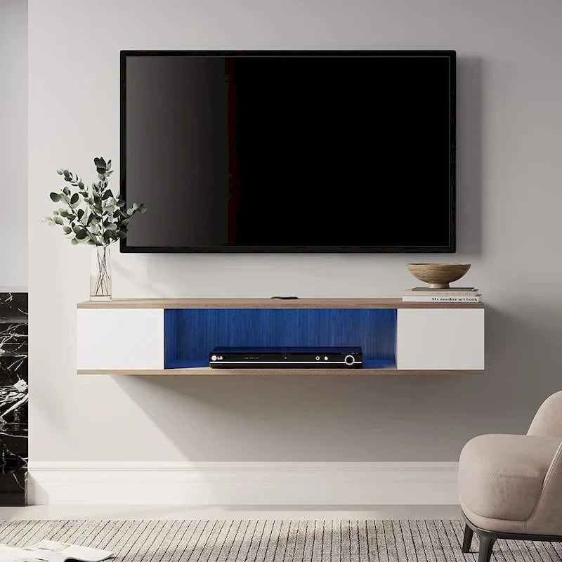 Meuble TV flottant mural, meuble de divertissement mural, console média, étagère murale en bois pour TV, gris et blanc crème
