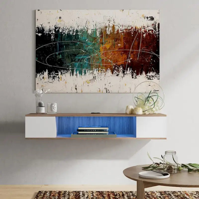 Meuble TV flottant mural, meuble de divertissement mural, console média, étagère murale en bois pour TV, gris et blanc crème