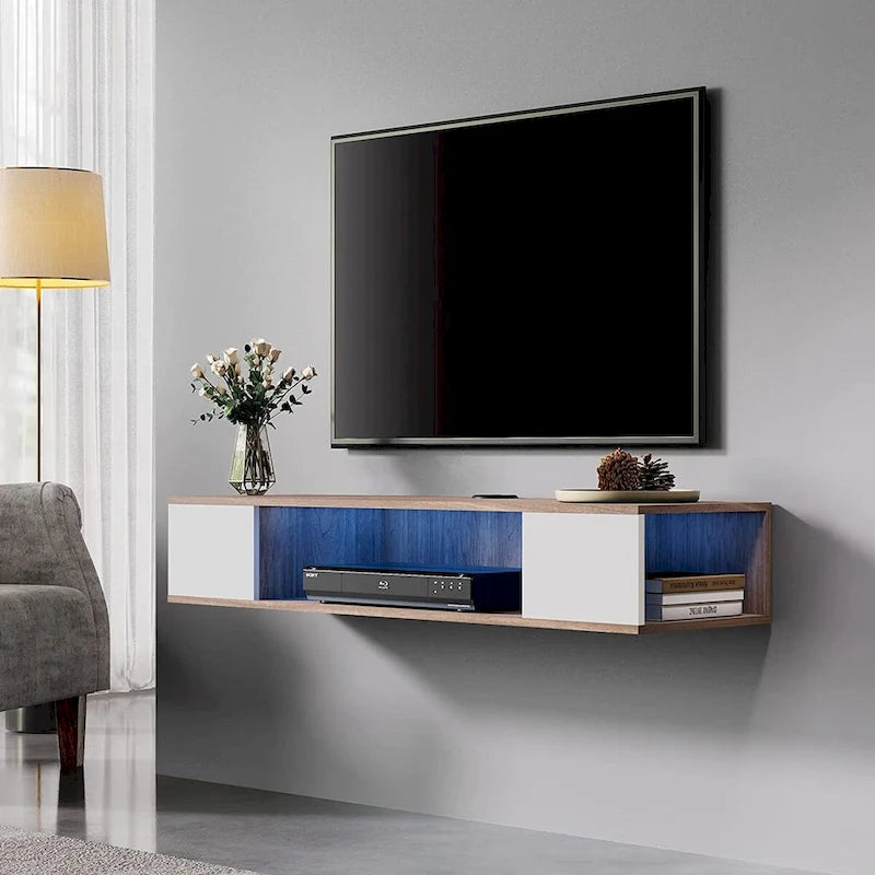 Meuble TV flottant mural, meuble de divertissement mural, console média, étagère murale en bois pour TV, gris et blanc crème