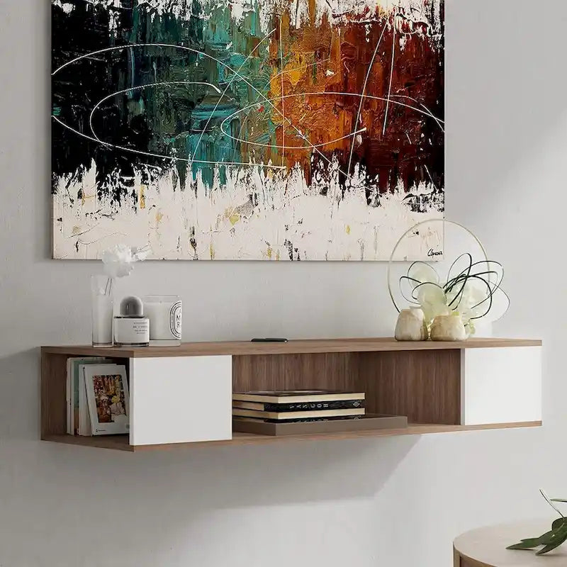 Meuble TV flottant mural, meuble de divertissement mural, console média, étagère murale en bois pour TV, gris et blanc crème