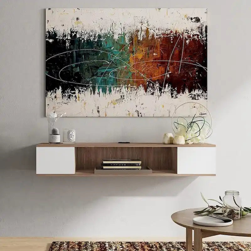 Meuble TV flottant mural, meuble de divertissement mural, console média, étagère murale en bois pour TV, gris et blanc crème