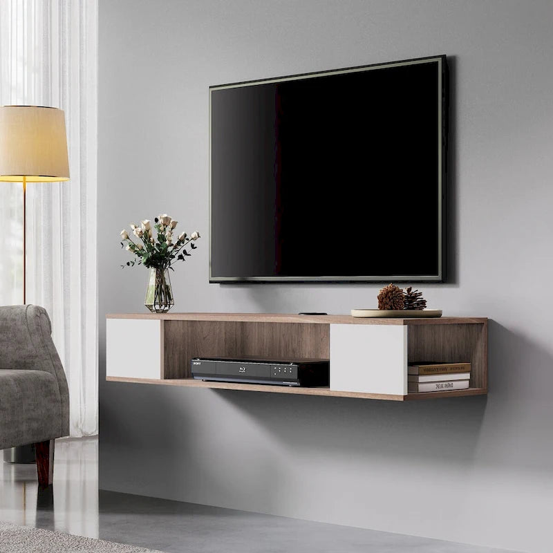 Meuble TV flottant mural, meuble de divertissement mural, console média, étagère murale en bois pour TV, gris et blanc crème